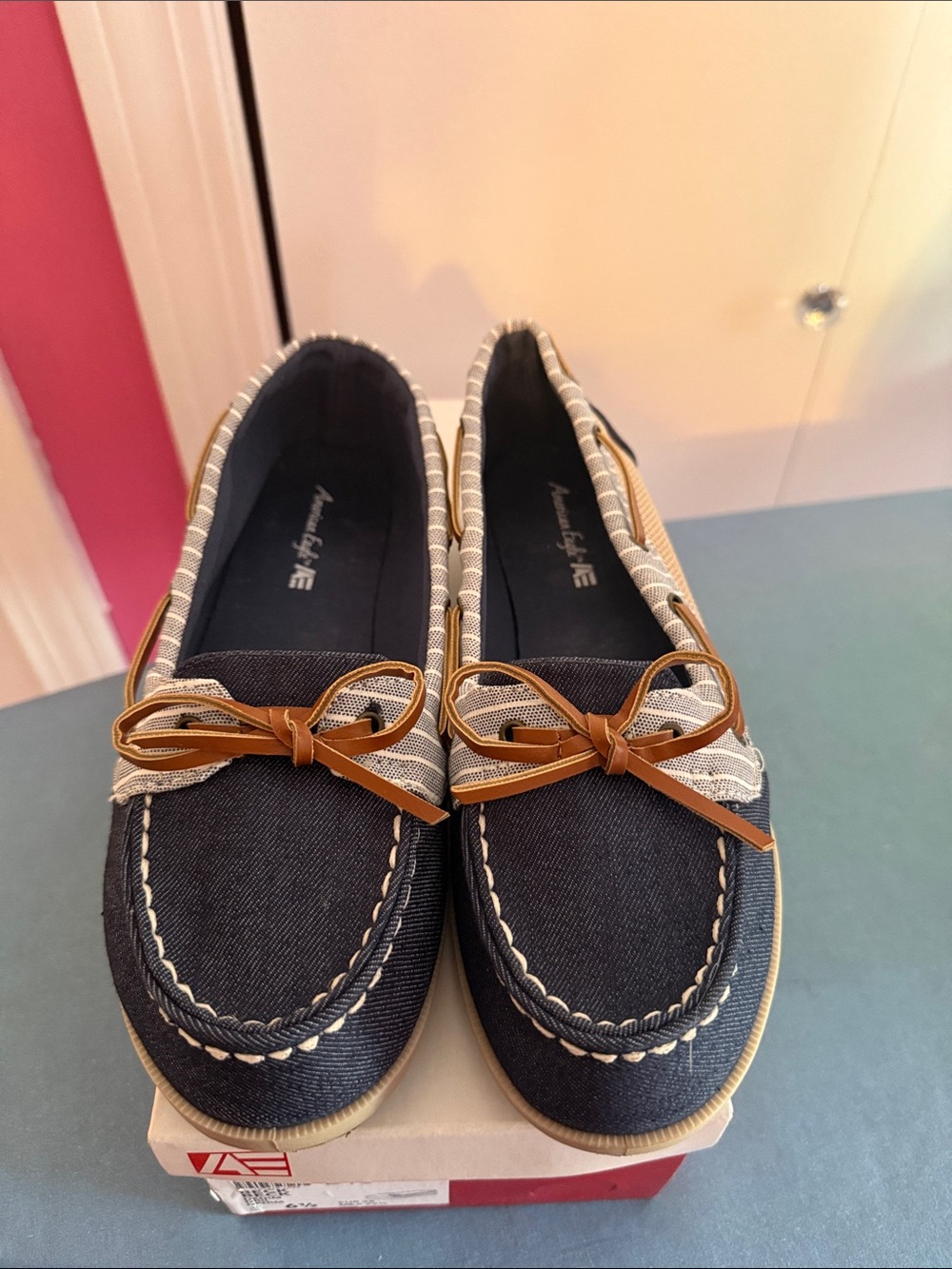 American Eagle Outfitters Navy Denim Slip-On Flats with Tan Trim